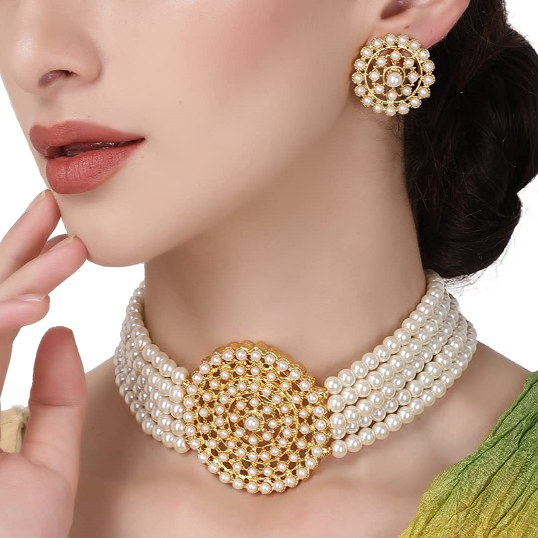 White Gold Plated Pearl Work Choker For Women