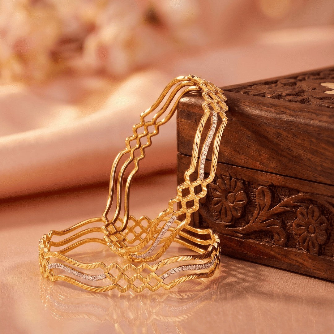 Set of 2 Gold Plated Silver Glitter Brass Bangle