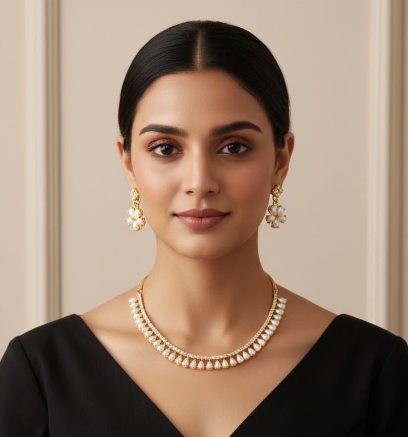 Gold-Plated Americn Diamond Studded Jewellery Set