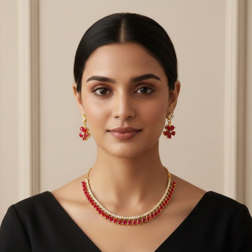 Gold-Plated Americn Diamond Studded Jewellery Set