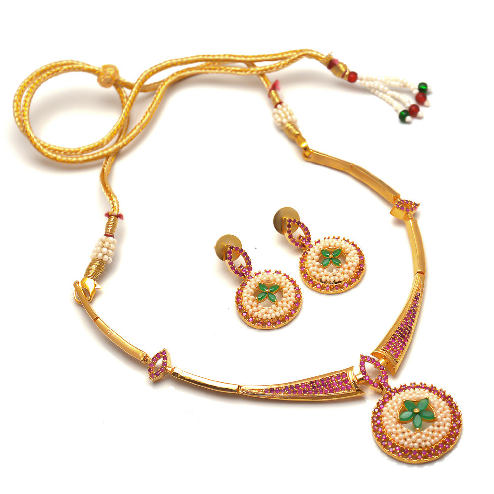 Gold-Plated Ad Cz Ruby Emerald-Studded & Pearl Studded Jewellery Set