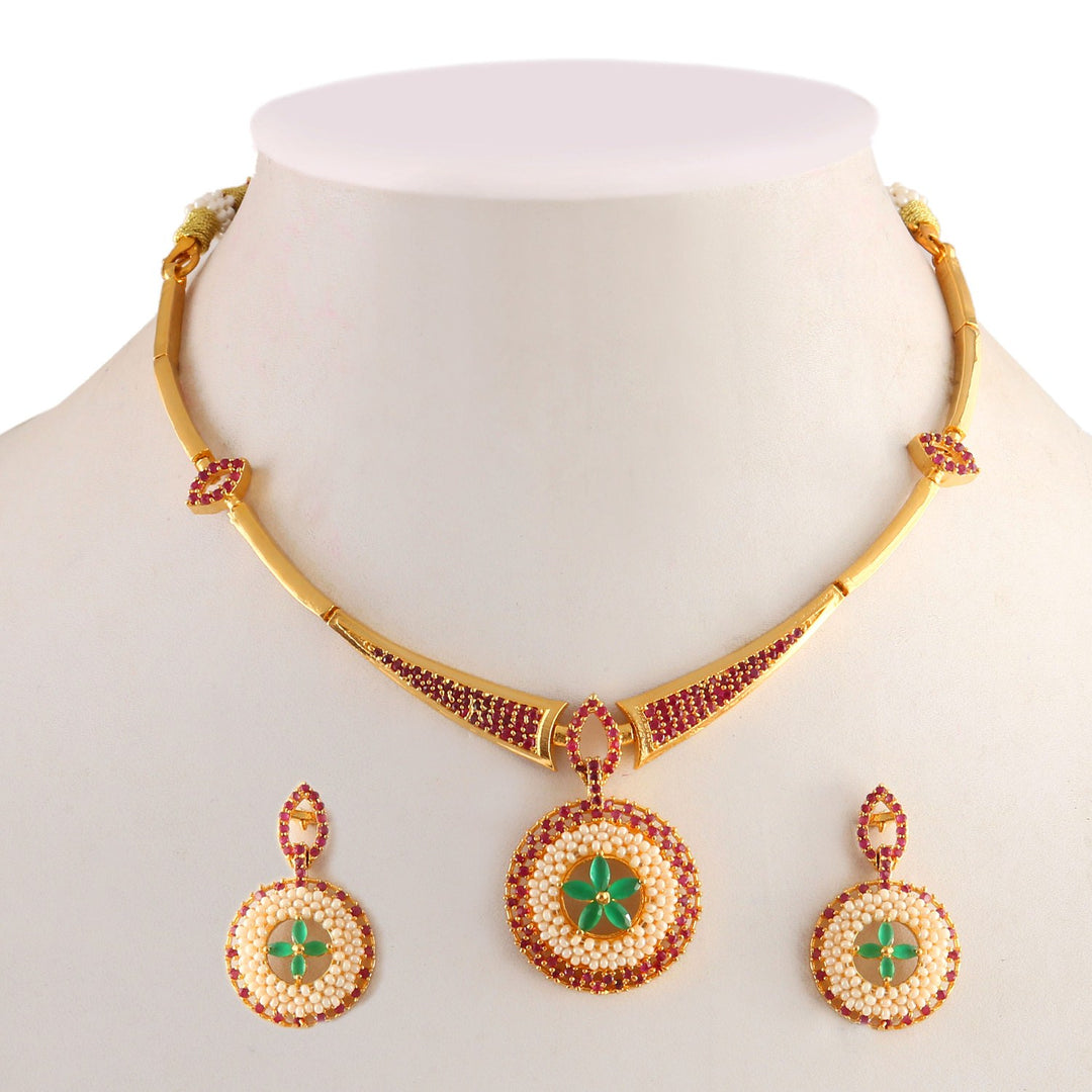 Gold-Plated Ad Cz Ruby Emerald-Studded & Pearl Studded Jewellery Set