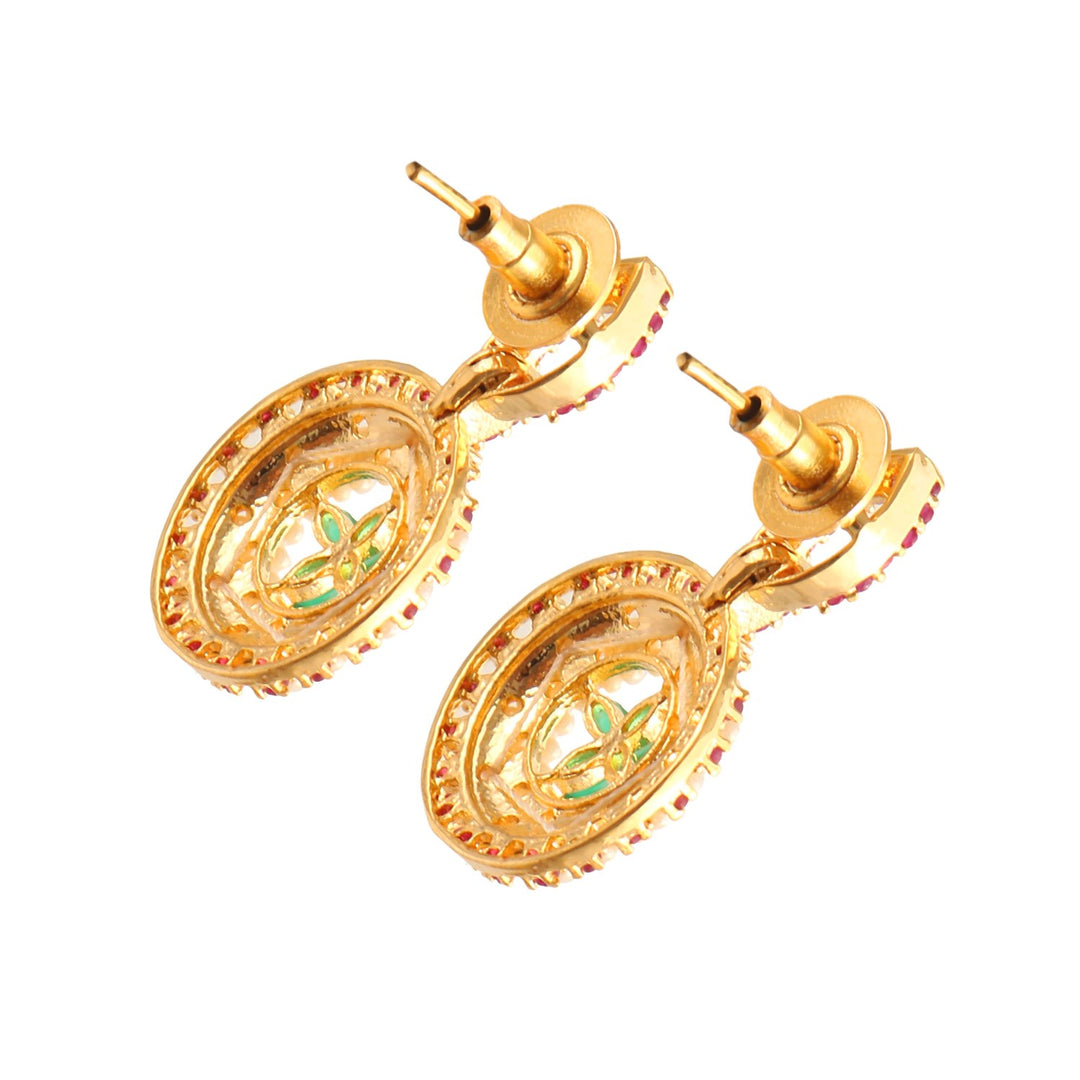 Gold-Plated Ad Cz Ruby Emerald-Studded & Pearl Studded Jewellery Set