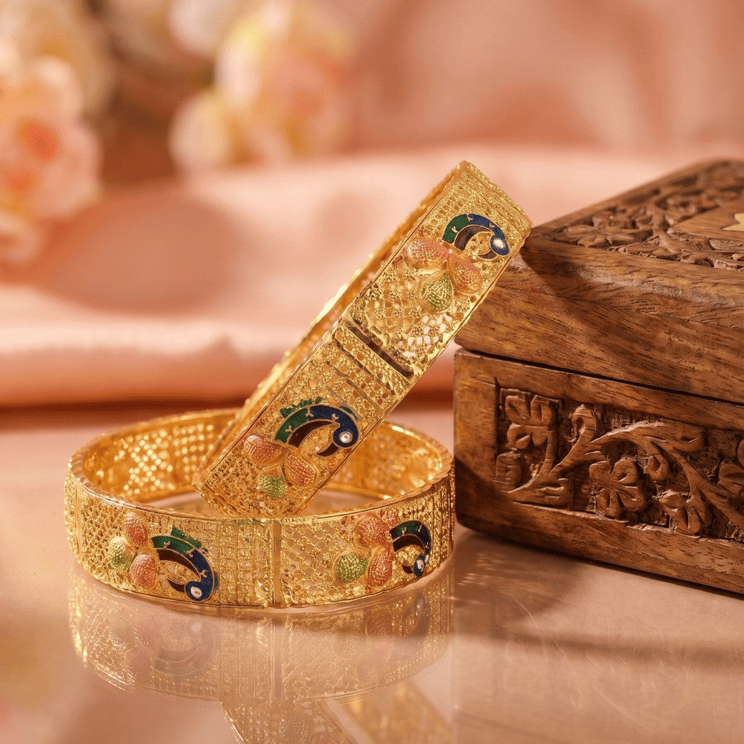 Gold Plated Peacock Design Handmade Meena Work Bangle For Women (2 Piece)