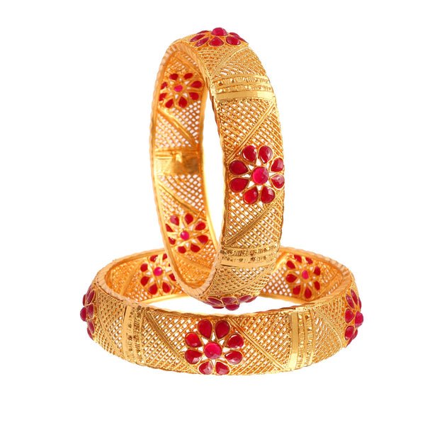 Gold Plated Red Stones Flower Design Handmade Work Bangle For Women (2 Piece)