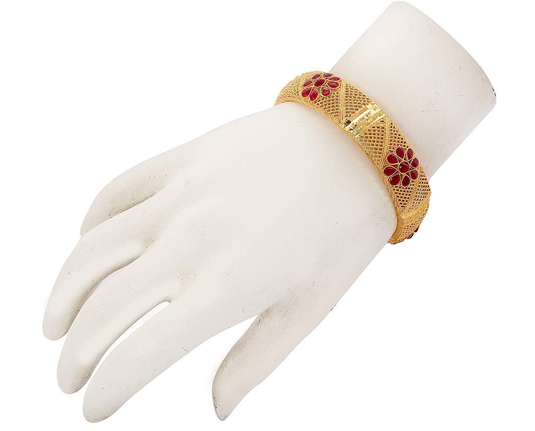 Gold Plated Red Stones Flower Design Handmade Work Bangle For Women (2 Piece)