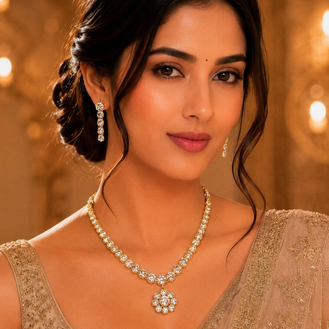 Gold-Plated White AD-Studded Jewellery Set