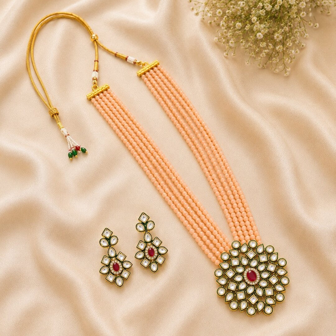 Gold-Plated White Kundan Studded & Crystals Beaded Long Jewellery Set