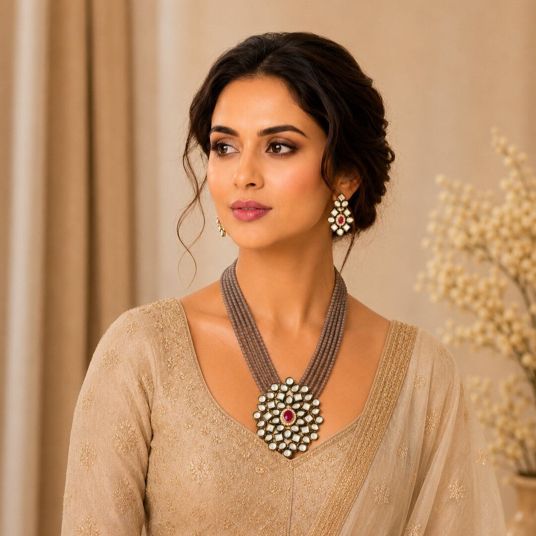 Gold-Plated White Kundan Studded & Crystals Beaded Long Jewellery Set
