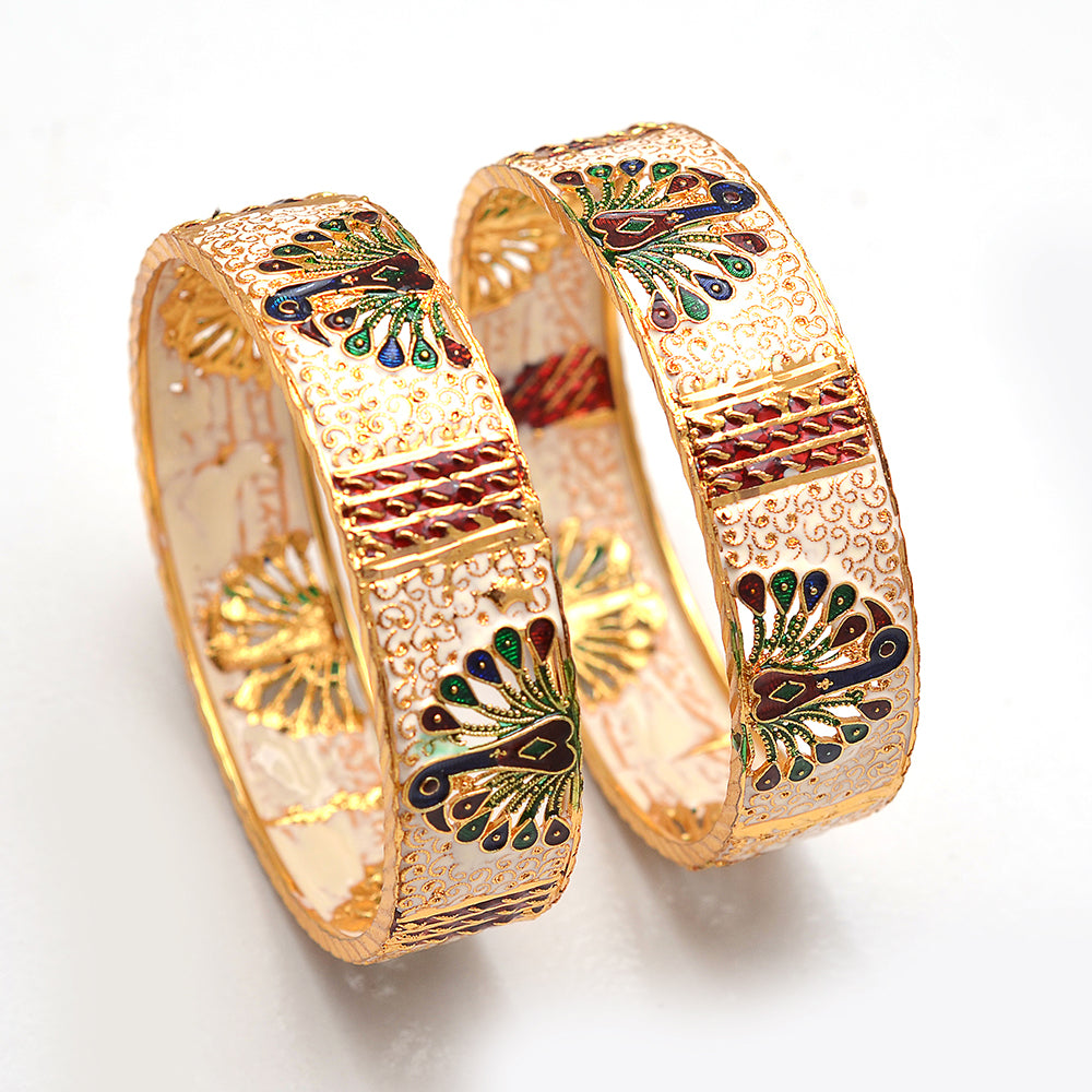 White Peacock Design Handmade Meena Work Gold Plated Bangle For Women