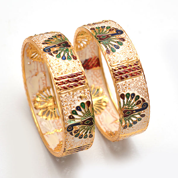 White Peacock Design Handmade Meena Work Gold Plated Bangle For Women
