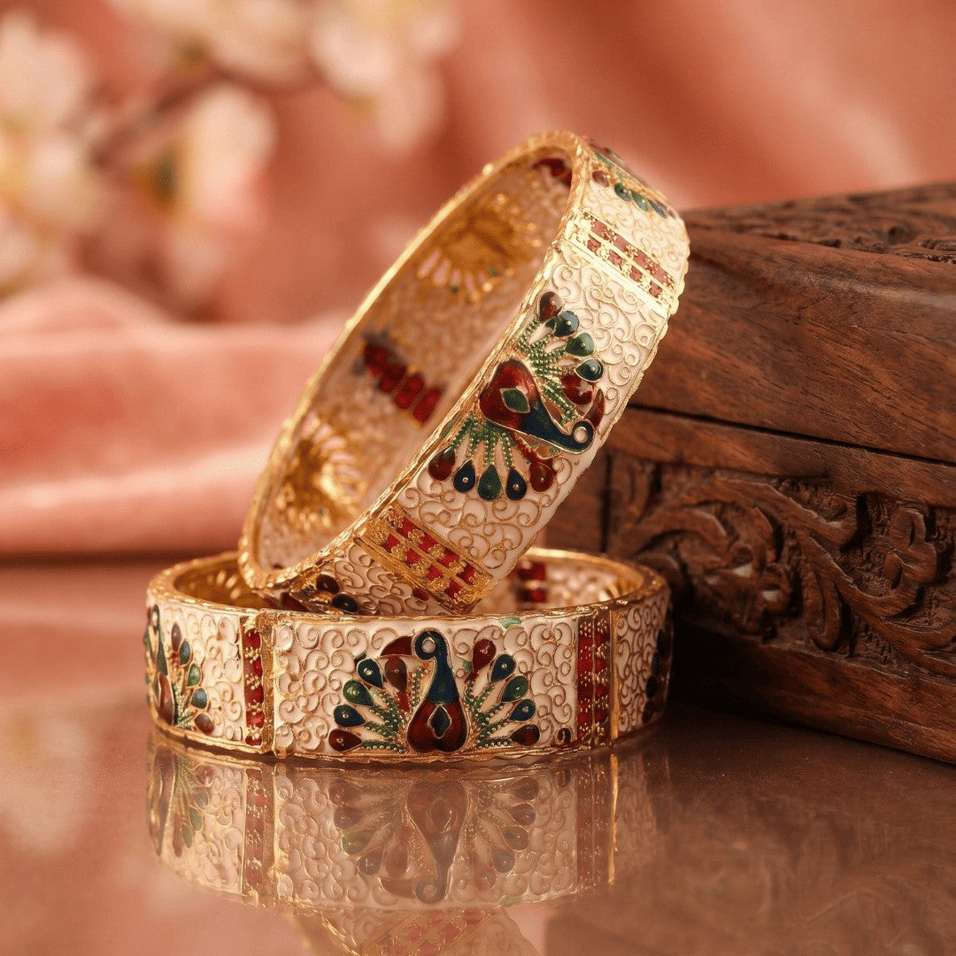 White Peacock Design Handmade Meena Work Gold Plated Bangle For Women