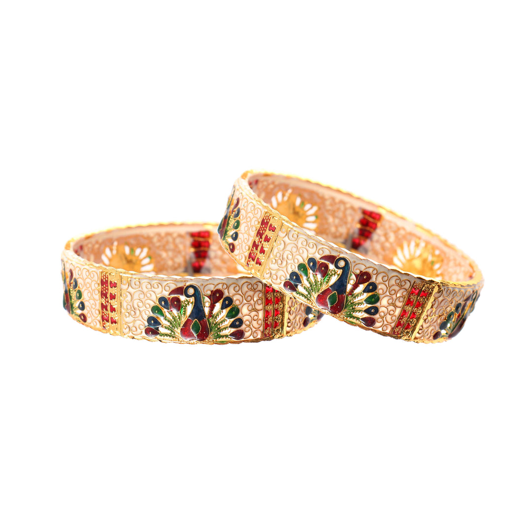 White Peacock Design Handmade Meena Work Gold Plated Bangle For Women