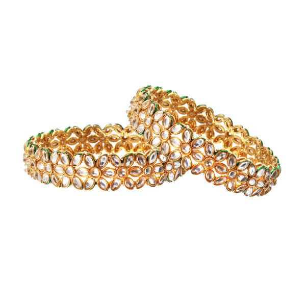 Set of 2 White Floral Gold Plated Kundan Studded Bangles