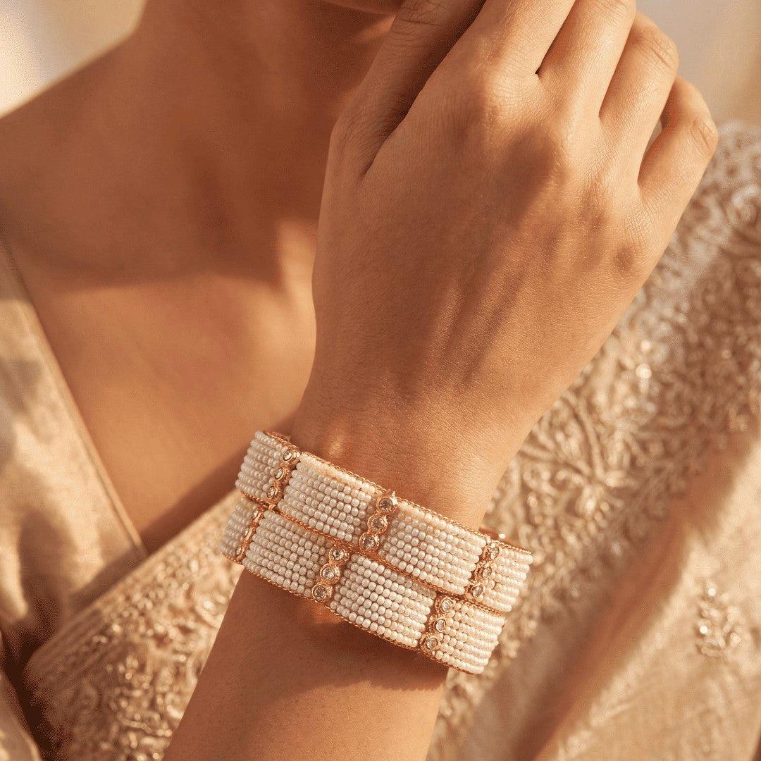 White Pearl Gold Plated Bangles for Women and Girls