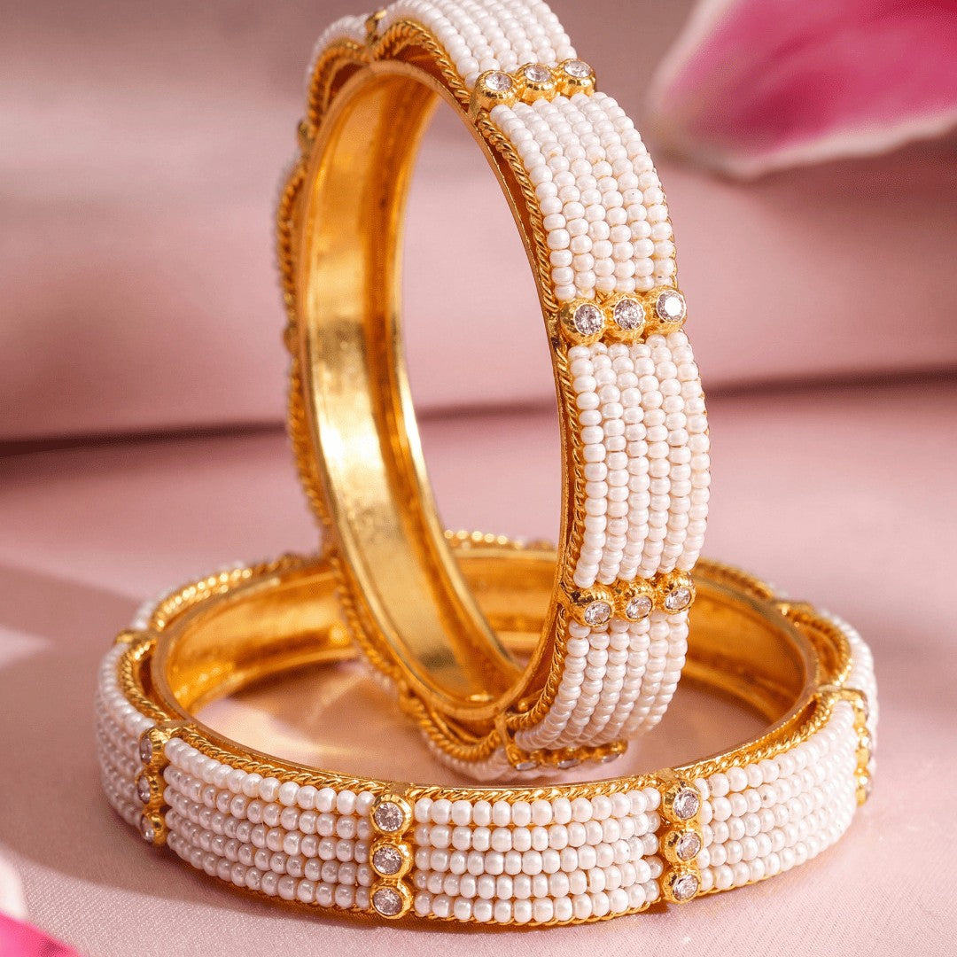 White Pearl Gold Plated Bangles for Women and Girls