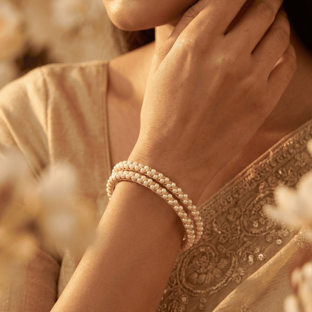 Elegant Handcrafted Set of 2 Pearl-Studded Gold-Plated Bangles