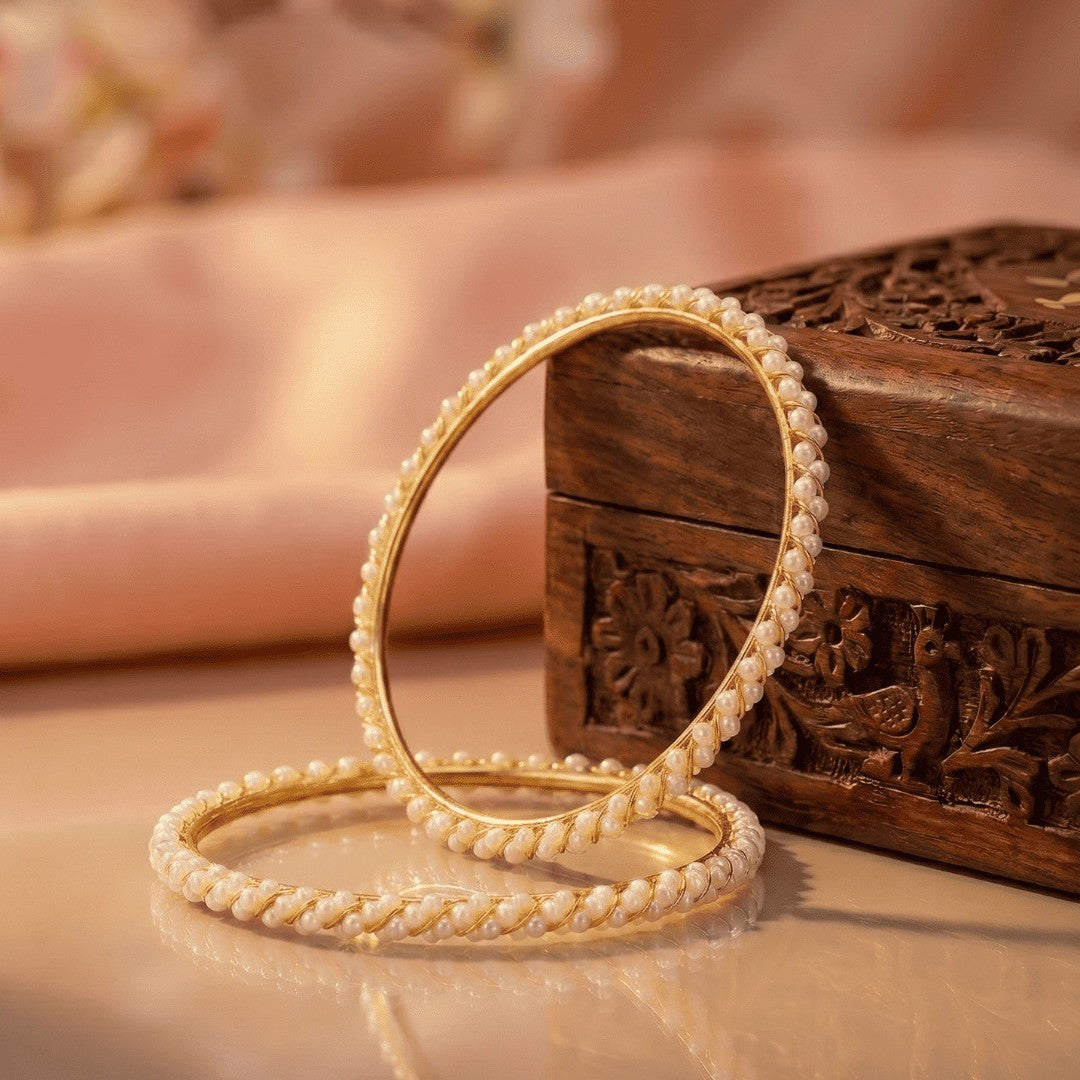 Elegant Handcrafted Set of 2 Pearl-Studded Gold-Plated Bangles
