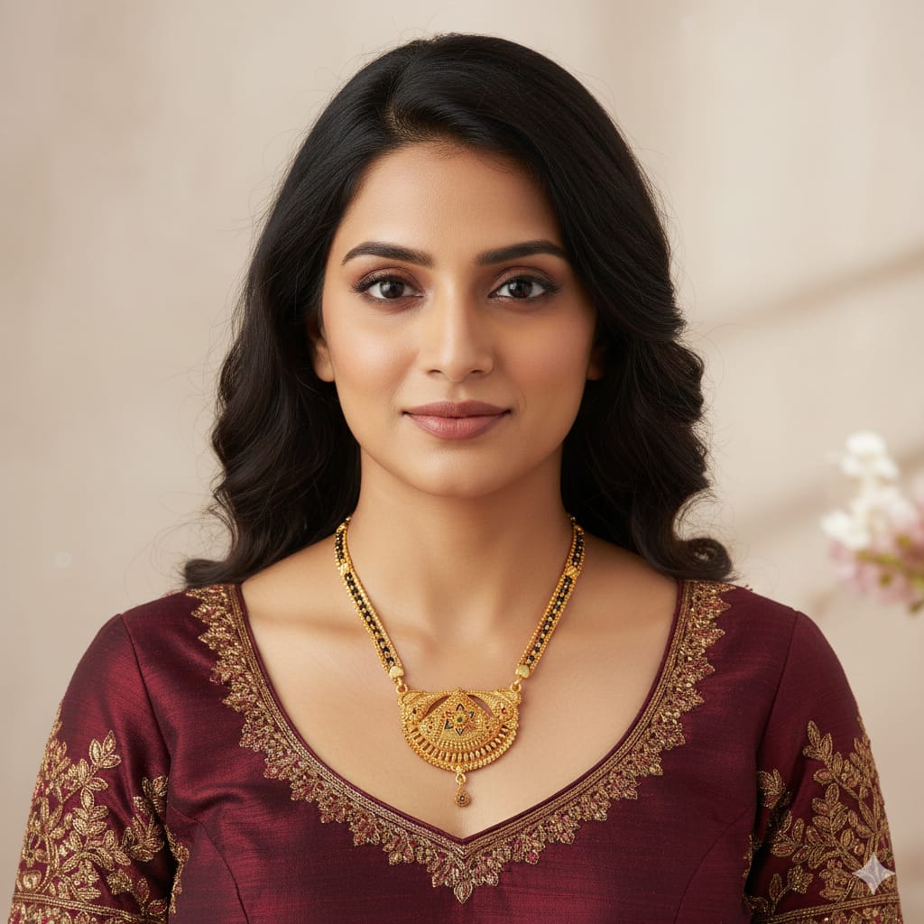 Gold Plated Handmade Meena Work Geru Black Beads Mangalsutra For Women