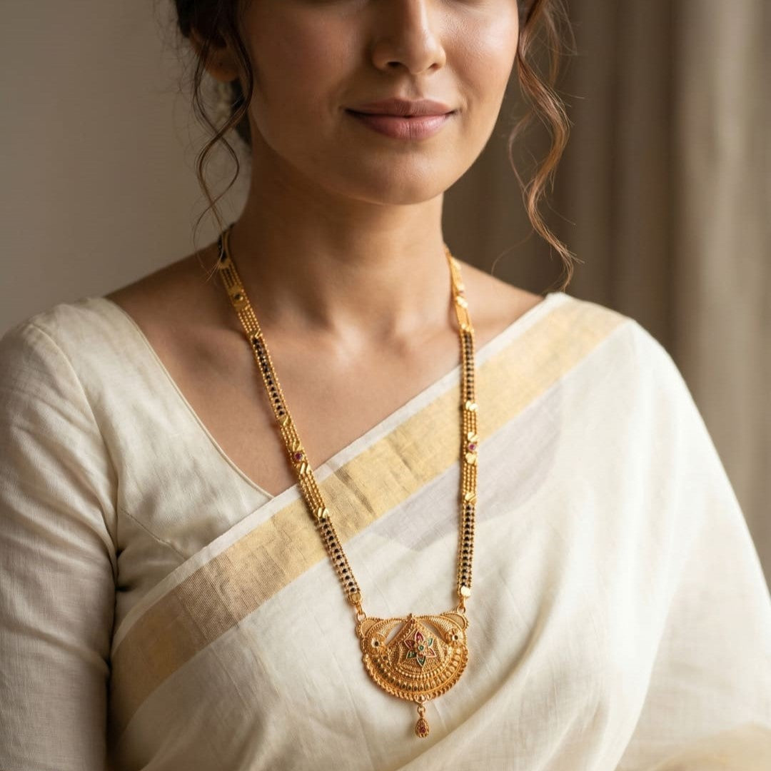 Gold Plated Handmade Meena Work Geru Black Beads Mangalsutra For Women