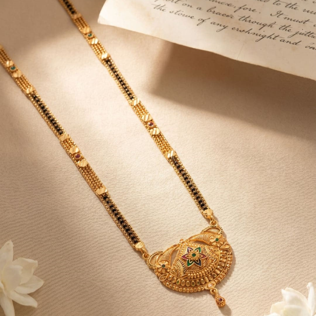 Gold Plated Handmade Meena Work Geru Black Beads Mangalsutra For Women