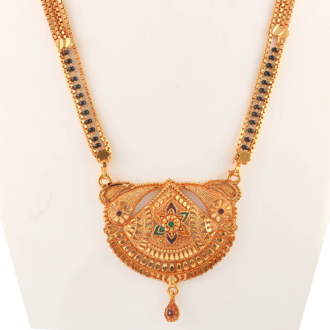 Gold Plated Handmade Meena Work Geru Black Beads Mangalsutra For Women