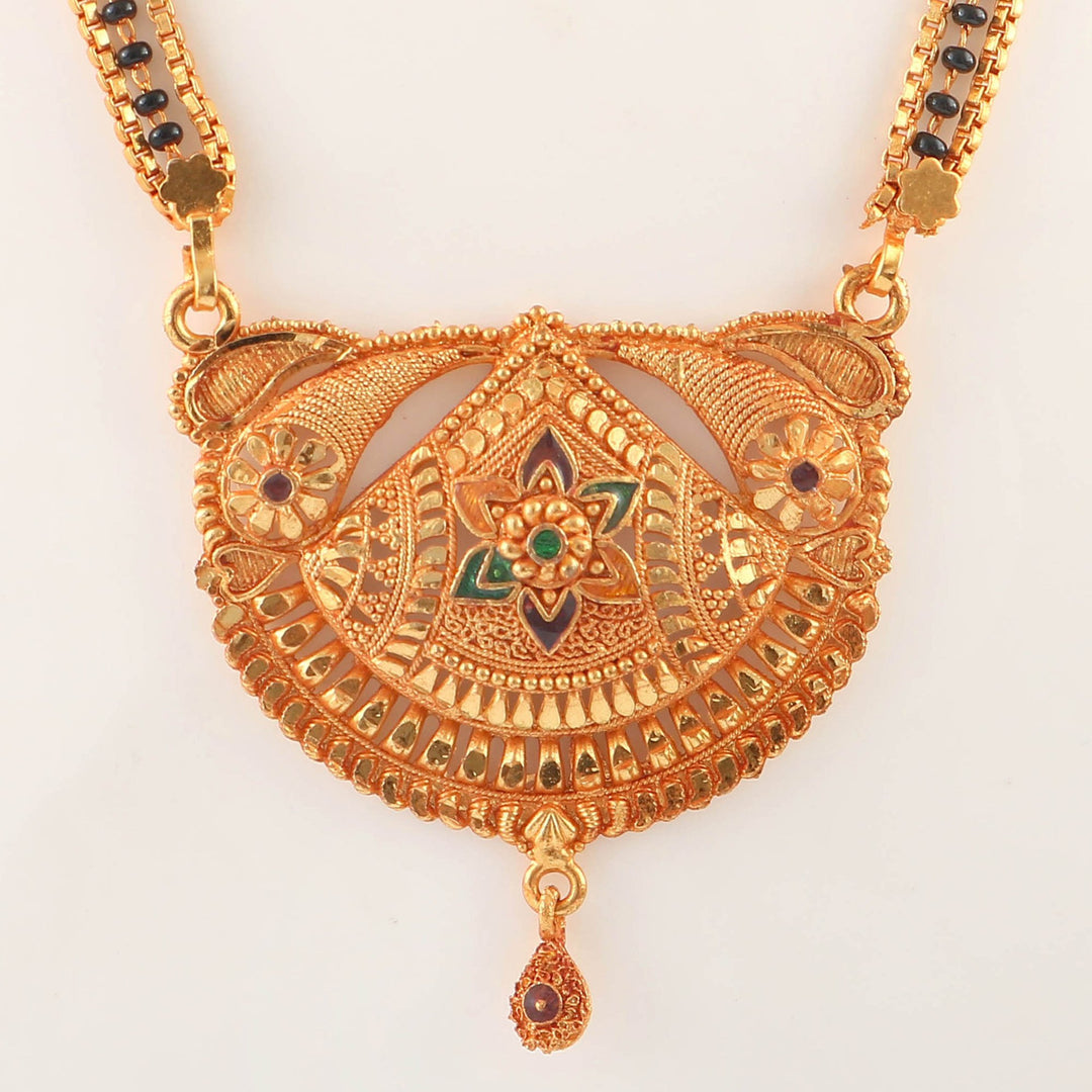 Gold Plated Handmade Meena Work Geru Black Beads Mangalsutra For Women