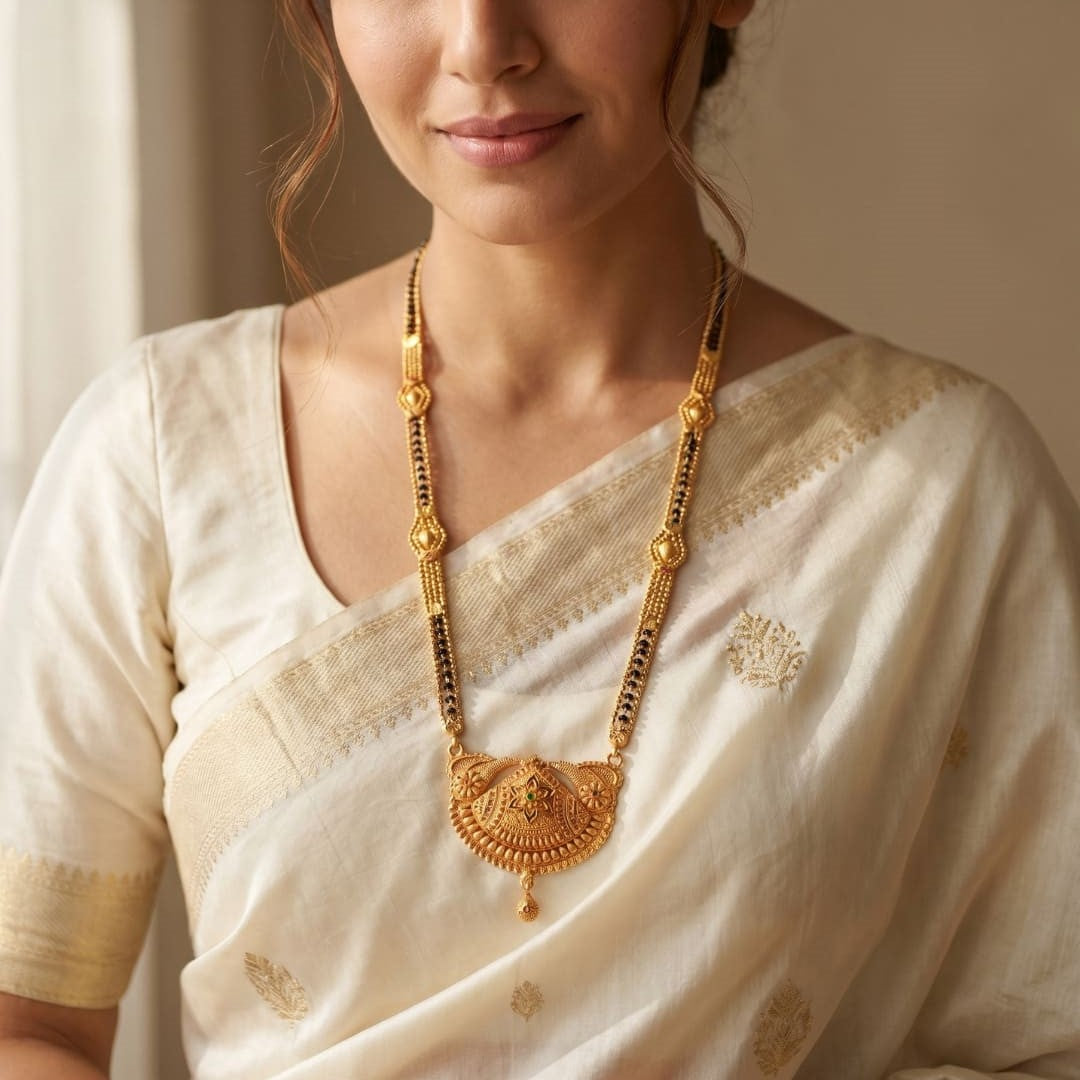 Gold Plated Handmade Meena Work Geru Black Beads Mangalsutra For Women