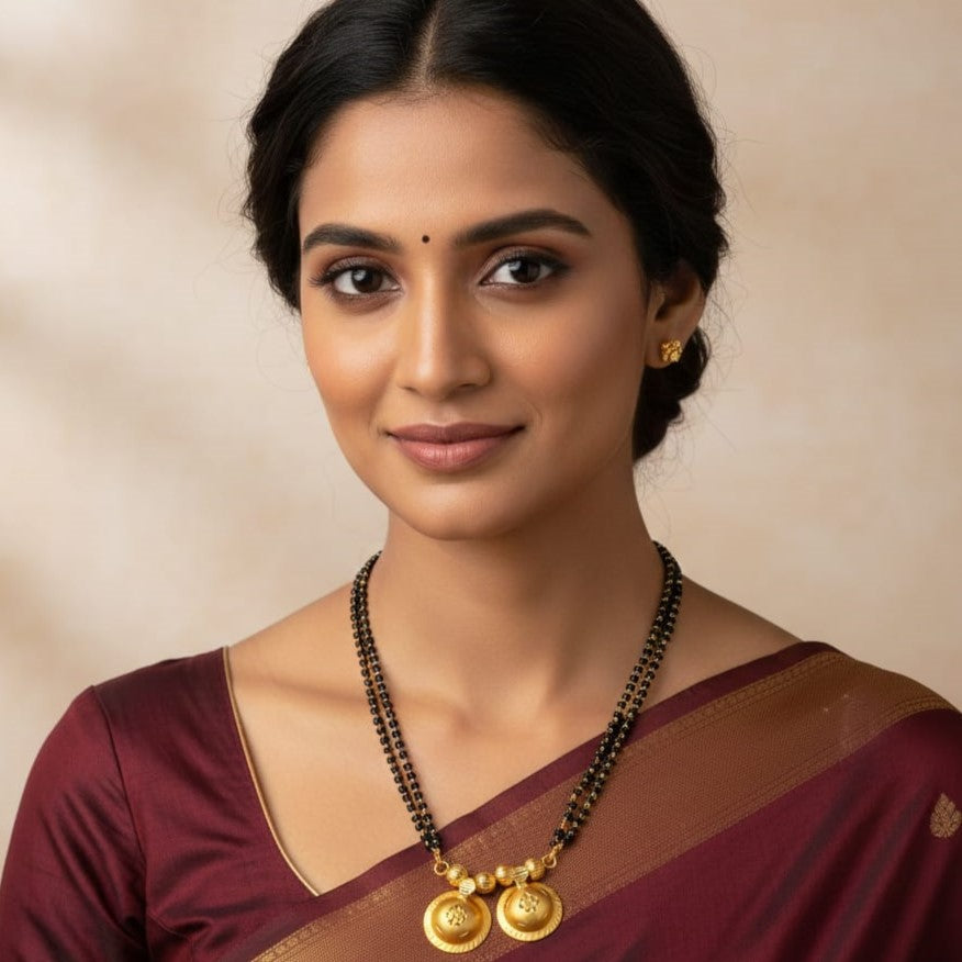 Gold Plated Handmade Meena Work Geru Black Beads Mangalsutra For Women