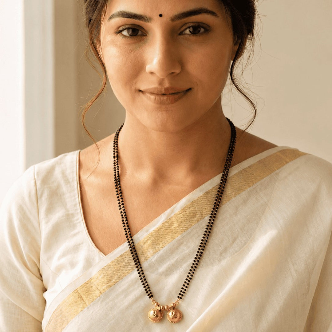 Gold Plated Handmade Meena Work Geru Black Beads Mangalsutra For Women
