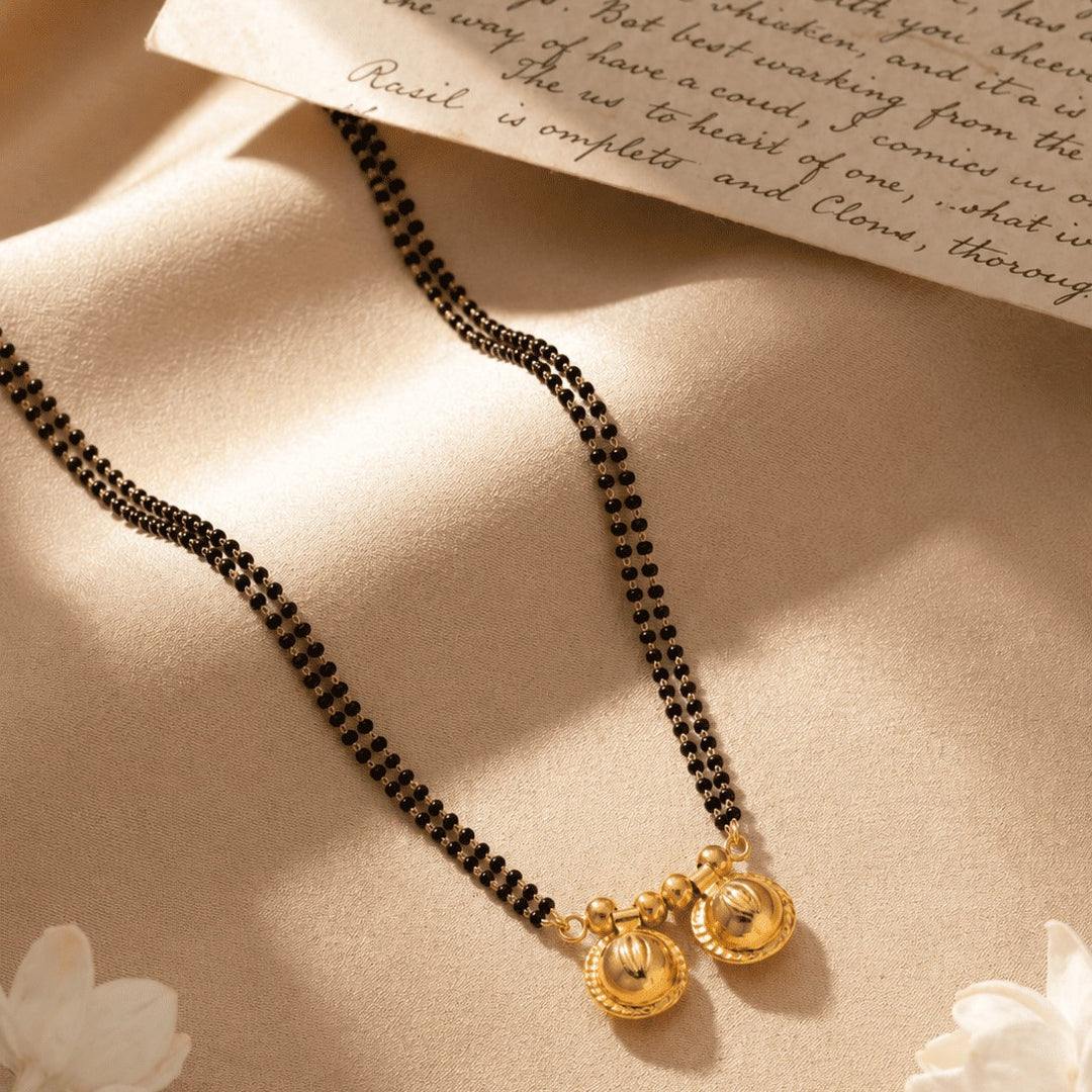 Gold Plated Handmade Meena Work Geru Black Beads Mangalsutra For Women