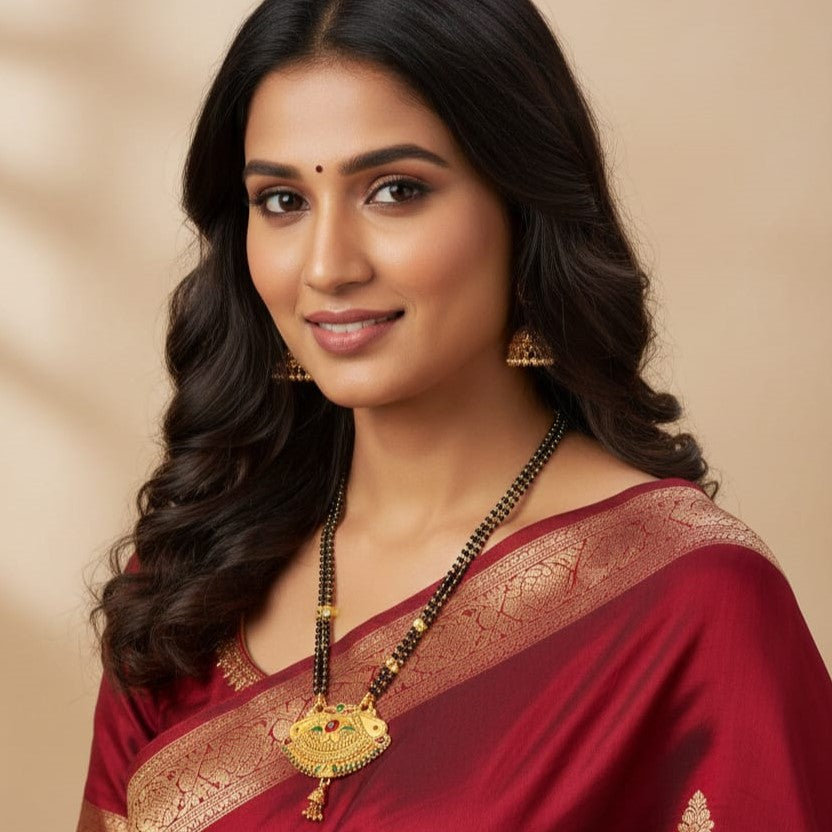 Gold Plated Handmade Meena Work Geru Black Beads Mangalsutra For Women