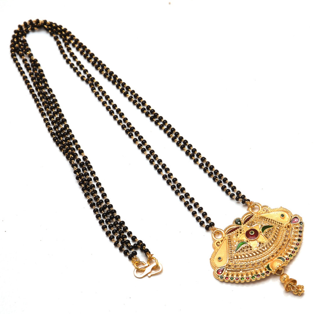 Gold Plated Handmade Meena Work Geru Black Beads Mangalsutra For Women
