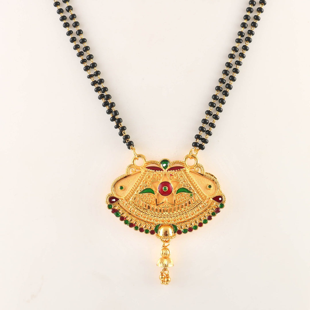 Gold Plated Handmade Meena Work Geru Black Beads Mangalsutra For Women