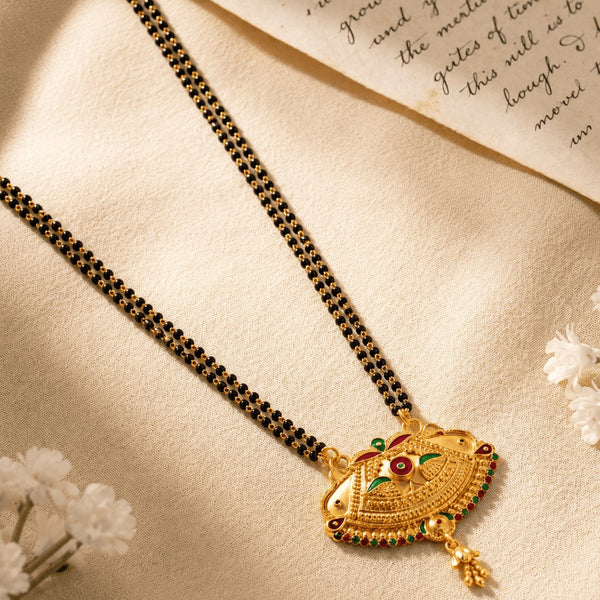 Gold Plated Handmade Meena Work Geru Black Beads Mangalsutra For Women