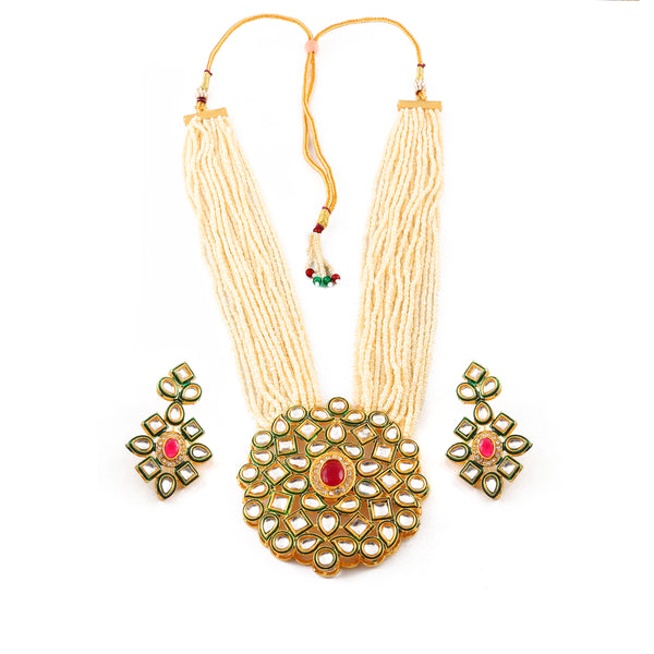 Gold-Plated & White Kundan Stone-Studded Pearl Beaded Jewellery Set