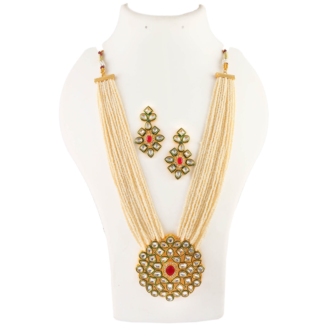 Gold-Plated & White Kundan Stone-Studded Pearl Beaded Jewellery Set