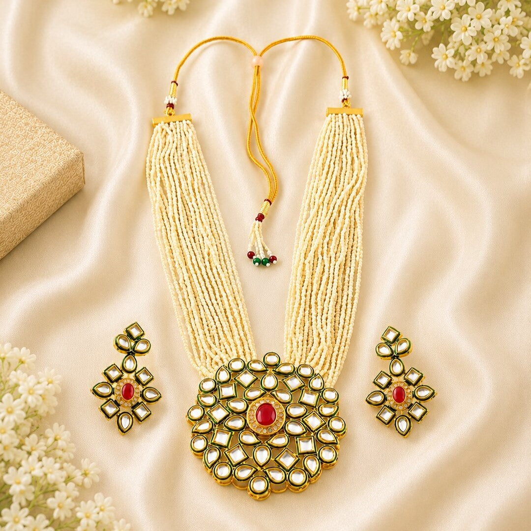 Gold-Plated & White Kundan Stone-Studded Pearl Beaded Jewellery Set