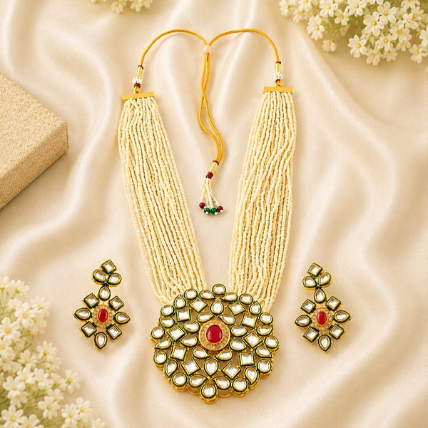 Gold-Plated & White Kundan Stone-Studded Pearl Beaded Jewellery Set