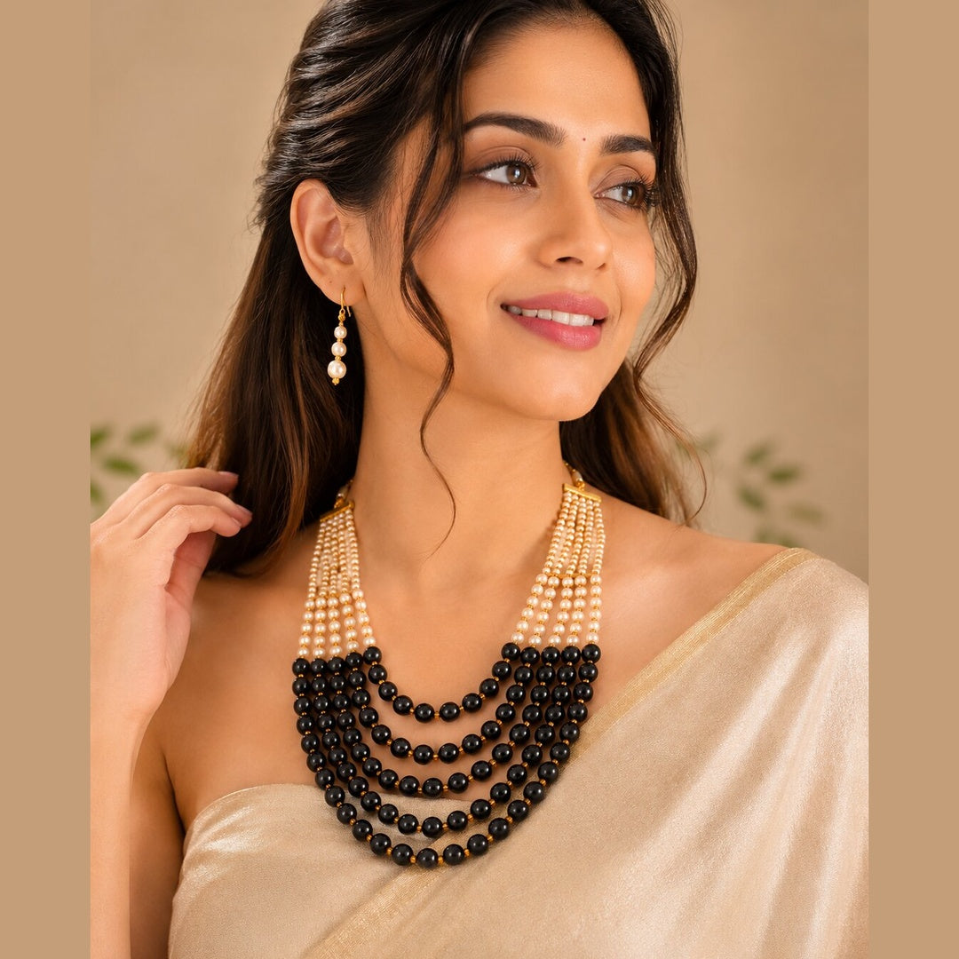 Multi String Five Layered Handmade Beaded Long Necklace Set