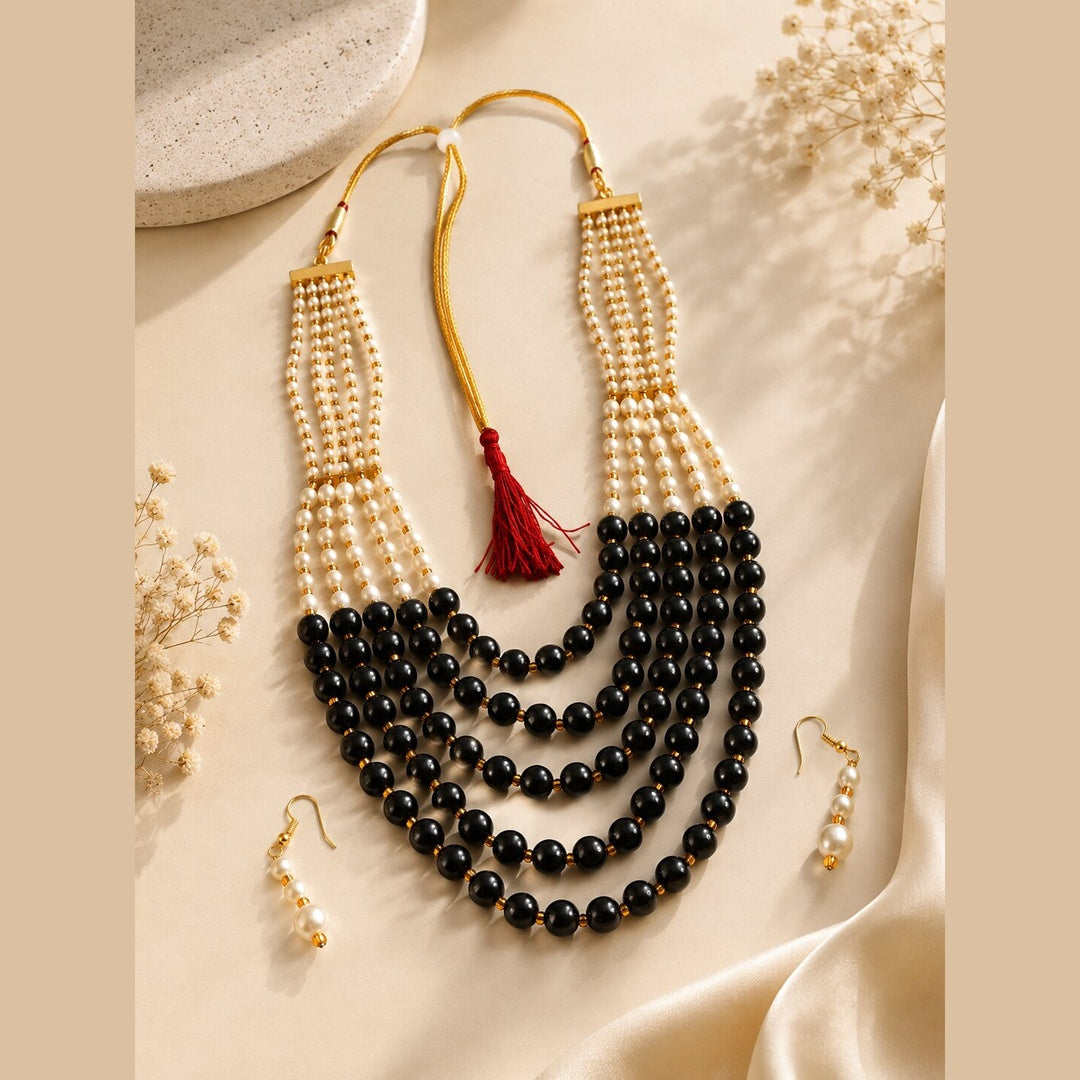 Multi String Five Layered Handmade Beaded Long Necklace Set