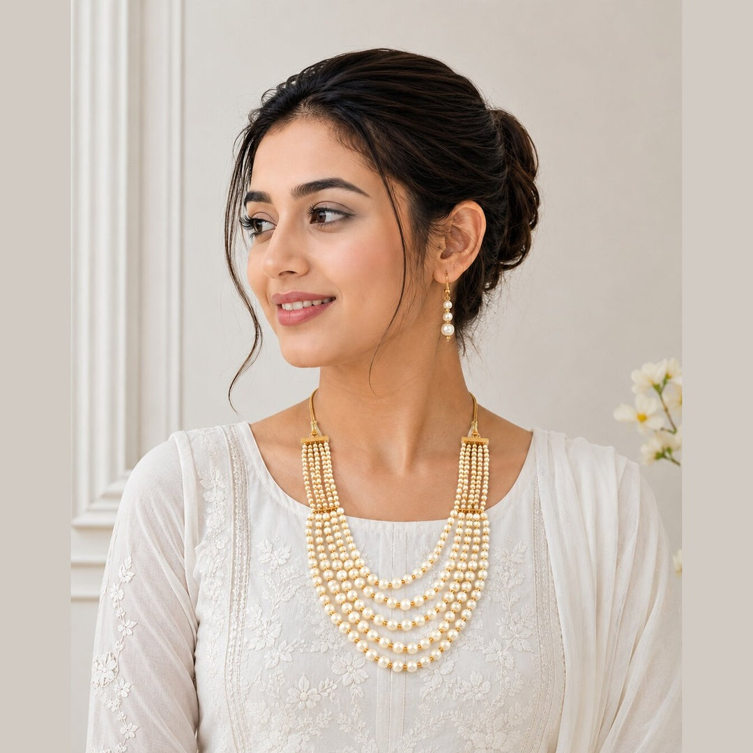 Multi String Five Layered Handmade Beaded Long Necklace Set