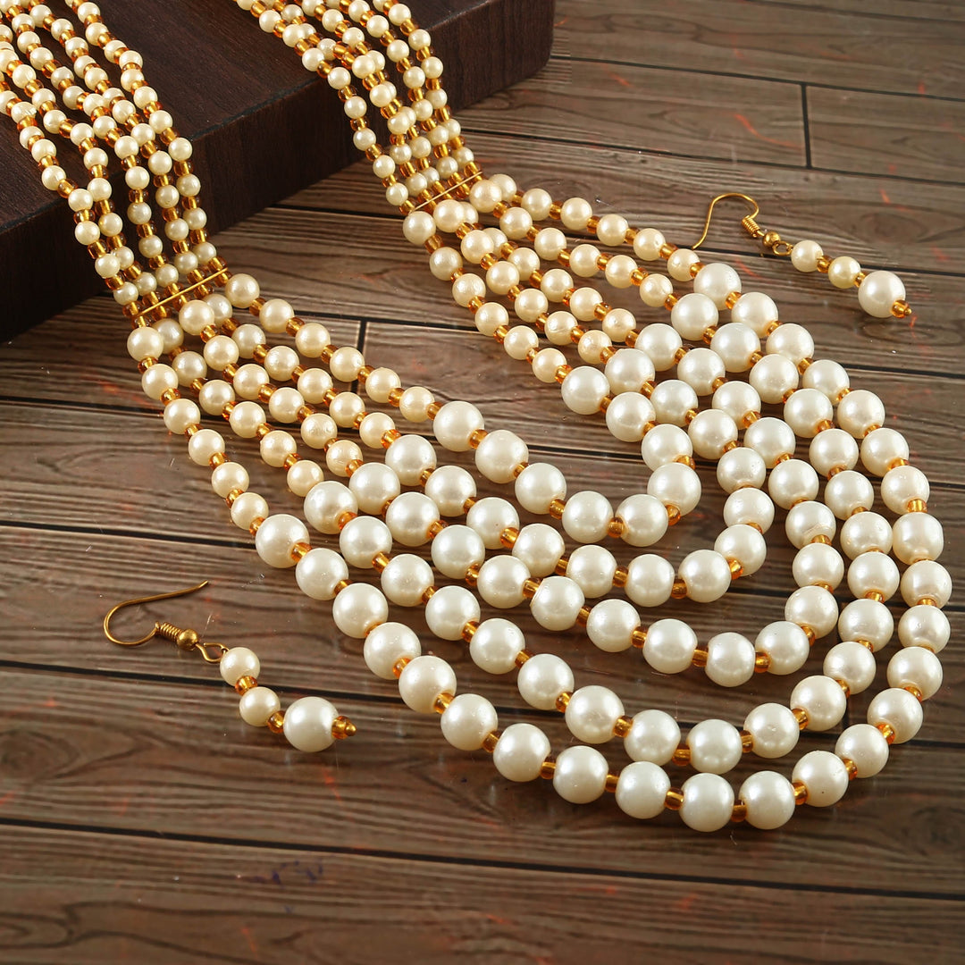 Multi String Five Layered Handmade Beaded Long Necklace Set