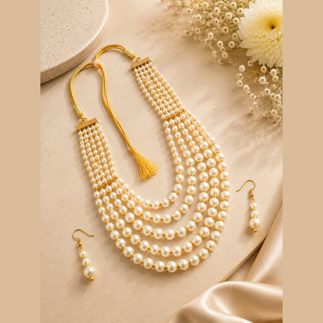 Multi String Five Layered Handmade Beaded Long Necklace Set