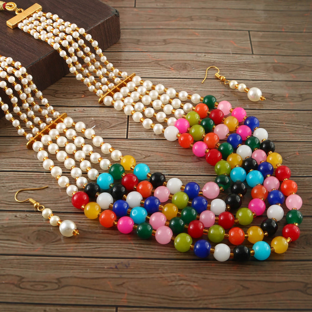 Multi String Five Layered Handmade Beaded Long Necklace Set