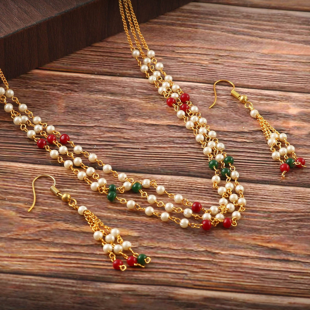 Multicolor Multi String Five Layered Handmade Beaded Long Necklace Set