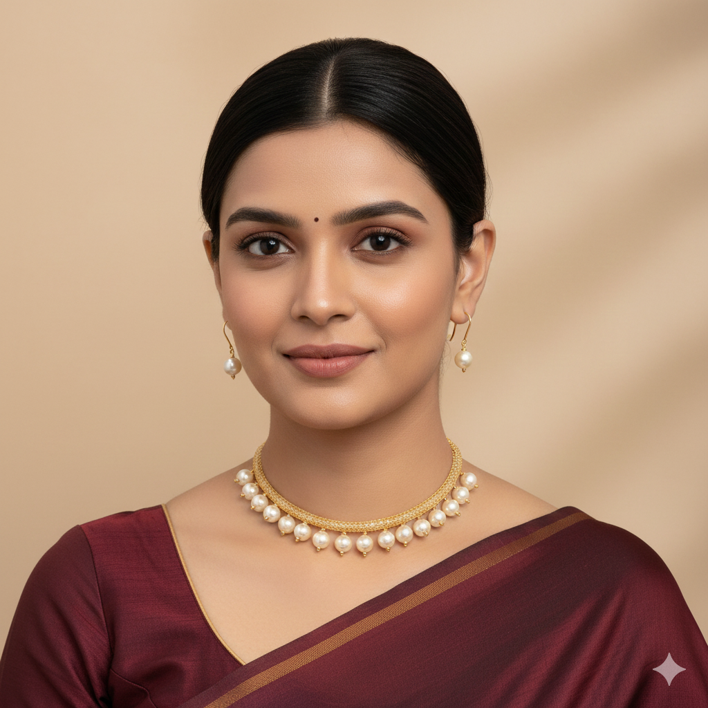 Gold-Plated White Pearl Beaded Jewellery Set