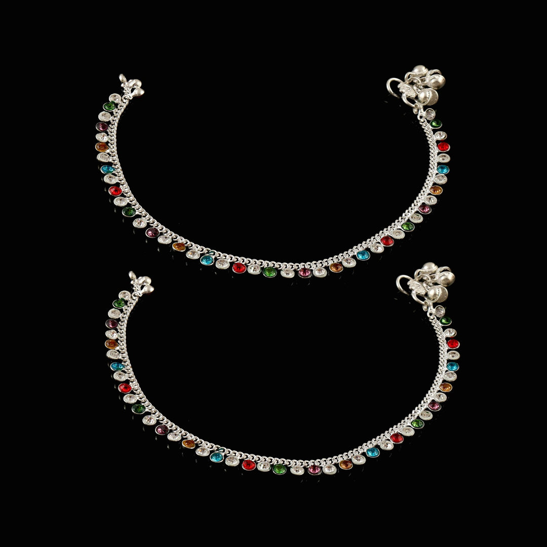 Multicolor Silver Plated Ad Cz Multi-Color Stones Traditional Indian Anklet For Women