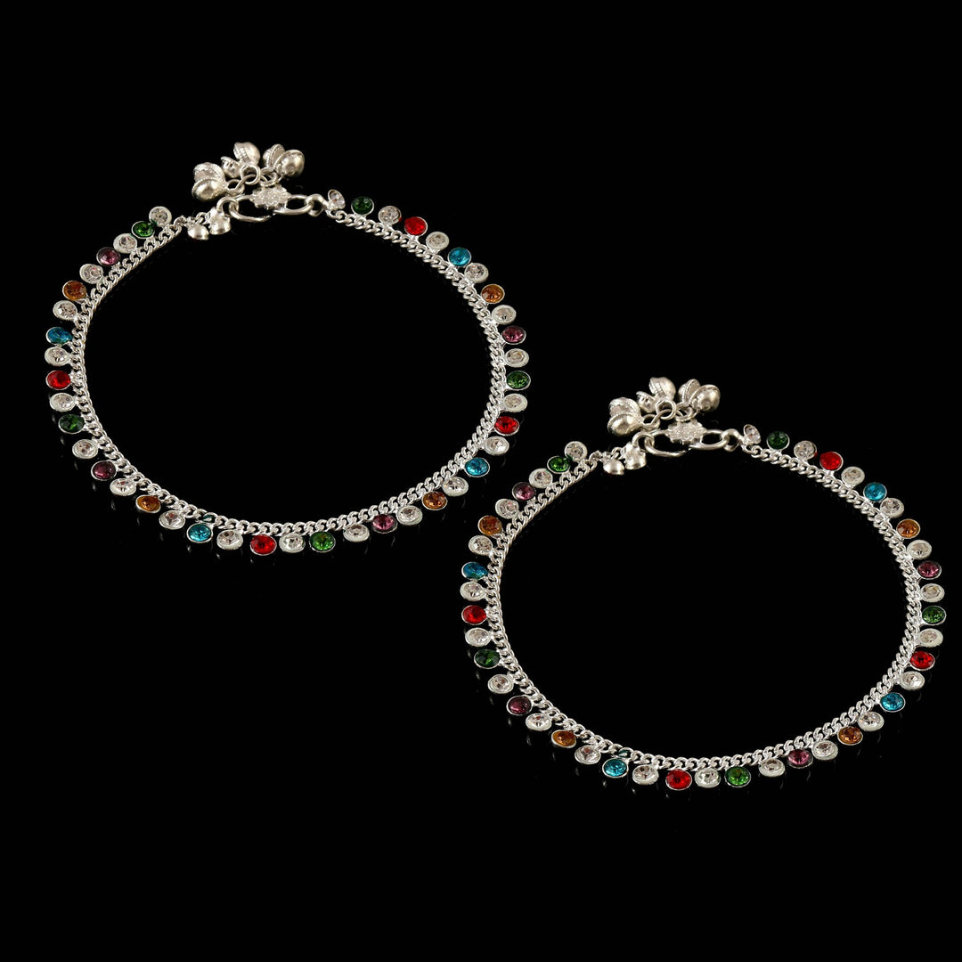 Multicolor Silver Plated Ad Cz Multi-Color Stones Traditional Indian Anklet For Women