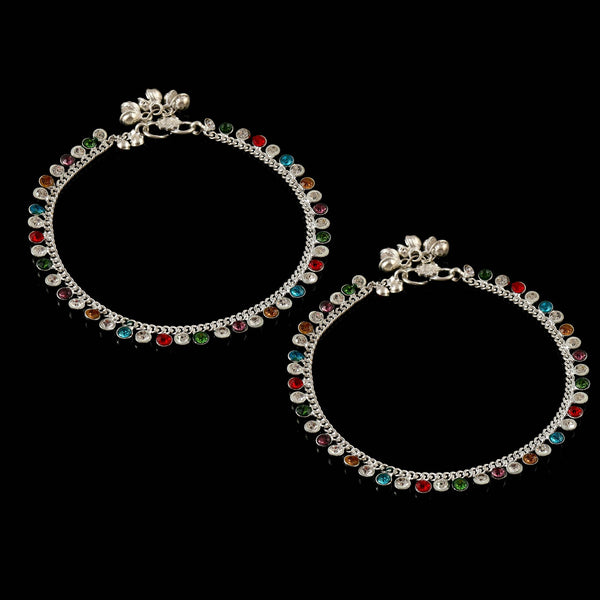 Multicolor Silver Plated Ad Cz Multi-Color Stones Traditional Indian Anklet For Women